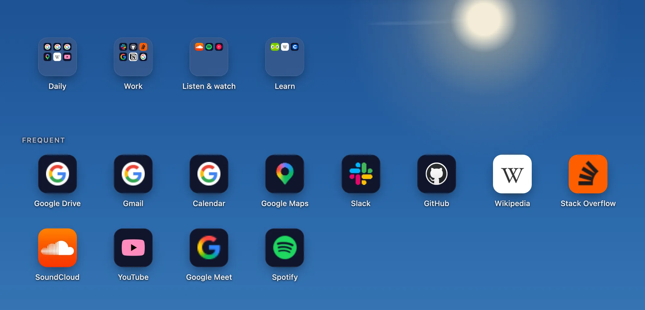 Four link folders — Daily, Work, Listen & watch, Learn — above the most-used apps