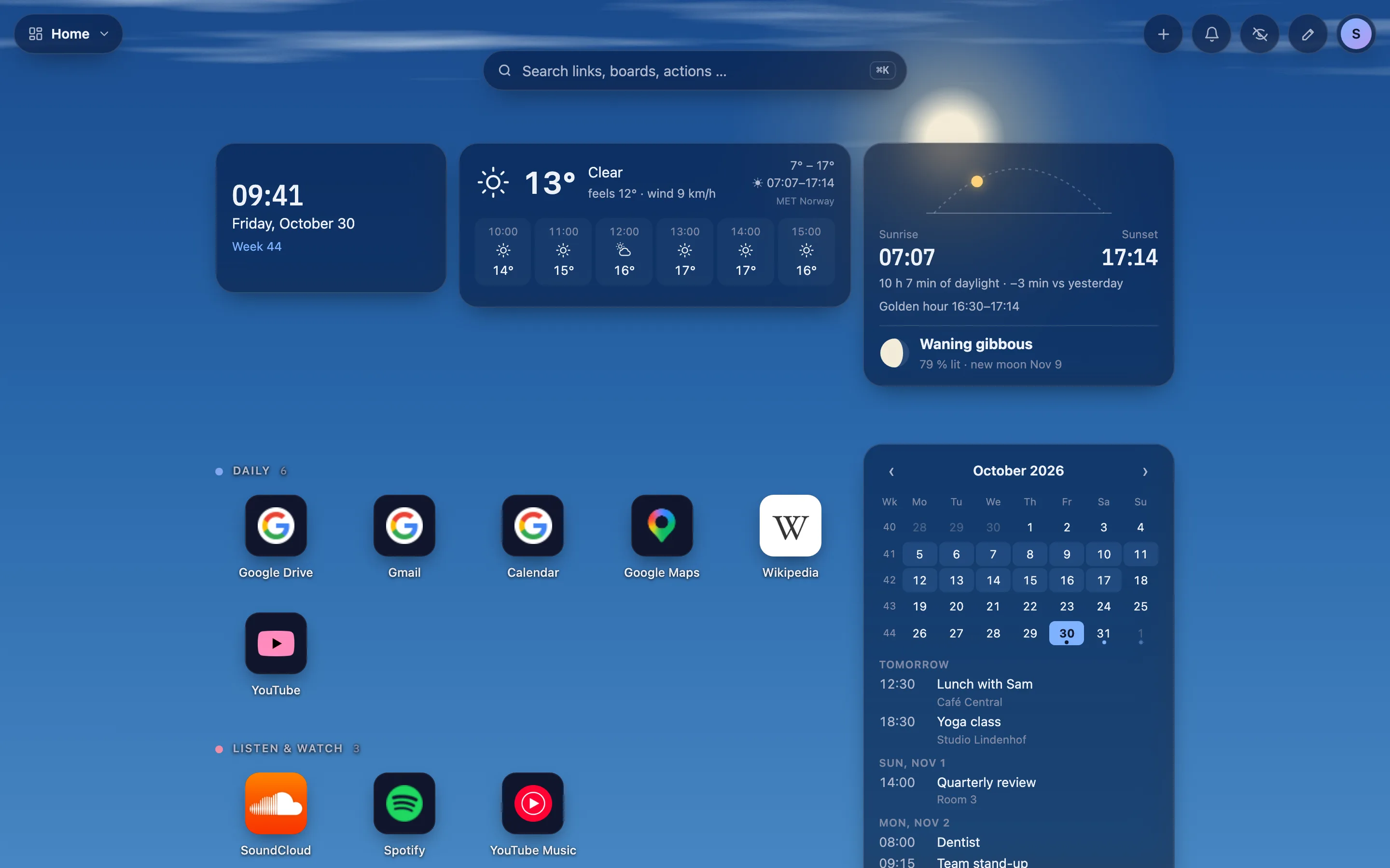 A board with clock, weather, sun and moon, calendar and link groups