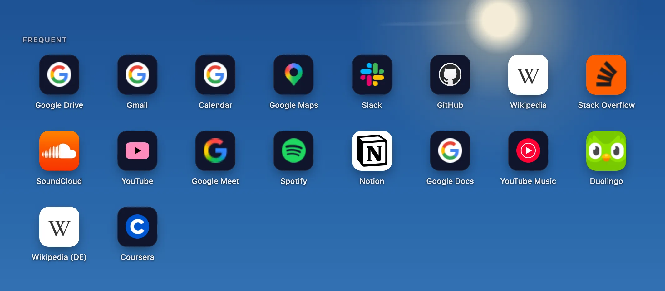 Frequent: the most-used apps first — Google Drive, Gmail, Calendar, Slack, GitHub and more